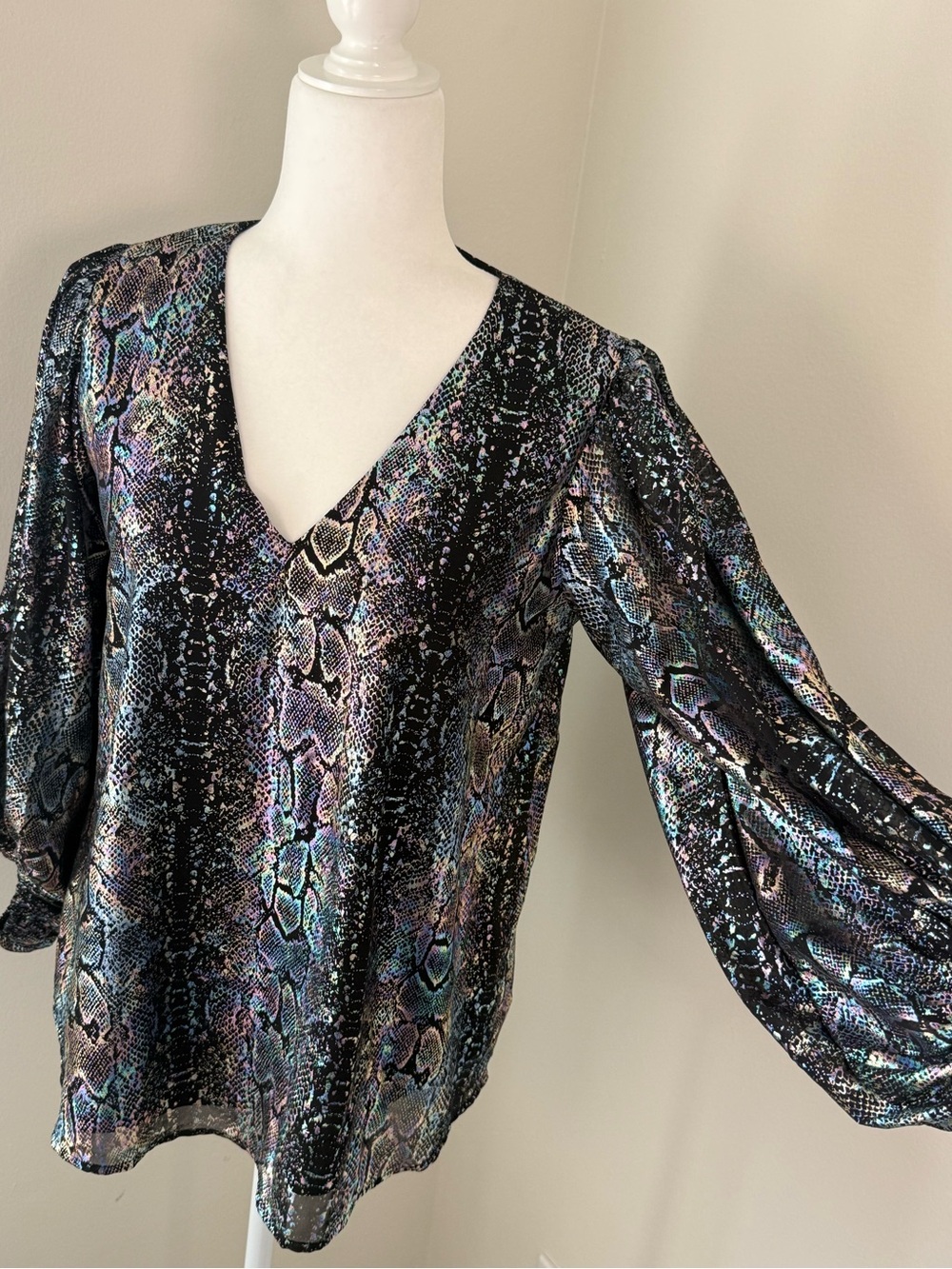 Adrienne Iridescent Snake-Print V-Neck Blouse - Picture 3 of 6
